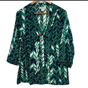COLDWATER CREEK Chevron V Neck Button UpTop Size 2X (20-22) Elastic Gather Back